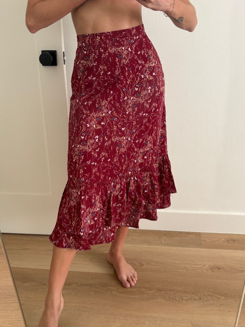 Allegra K Red Floral Chiffon Ruffle Tiered Midi Skirt Flowy Boho